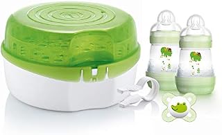 MAM Microwave Steam Steriliser, Comes with 2 x MAM Easy Start Self Sterilising Anti-Colic Baby Bottles and Baby Soother, Bottle Steriliser for Babies