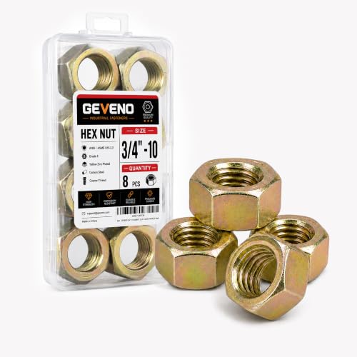 3/4"-10 Grade 8 Hex Nuts, Yellow Zinc, Coarse Thread, 8 Pack