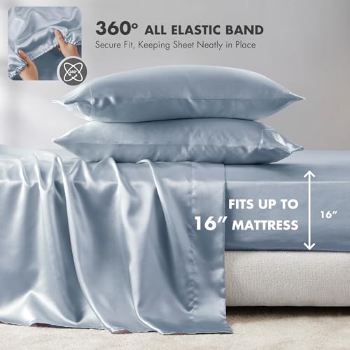 Image of Madison Park Essentials Satin Sheets Full Size Bed Set, 6 Piece, Blue | Luxury and Smooth Silky Bedding with Natural Sheen, All Around Elastic 14 inch Pocket fits up to 16 inch Mattress, Year-Round Cozy