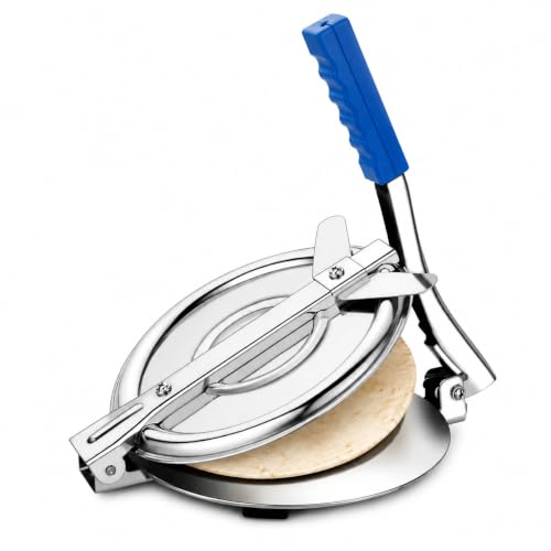 Image of 7.75 Inch / 19.7 CM Stainless Steel Roti & Puri Press | Manual Chapati & Tortilla Maker with Ergonomic Blue Handle | Non-Slip Rubber Feet | Heavy-Duty Kitchen Press for Easy & Even Dough Flattening