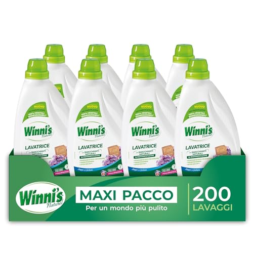 Winni's - Detersivo Lavatrice Ipoallergenico, 200 Lavaggi, Fragranza Aleppo e Verbena, con Smacchianti Naturali da Biofermentazione, Materie Prime Vegetali, 1125 ml x 8 Confezioni