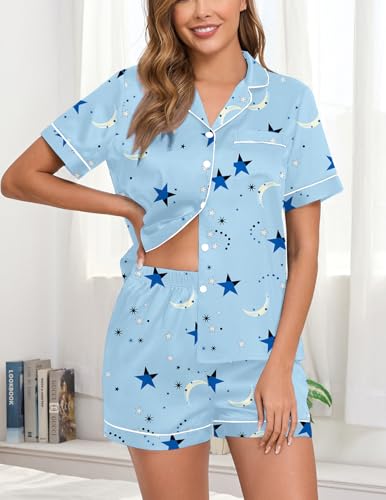 Image of Veseacky Women Satin Pajamas Set 2 Piece Button Down Short Sleeve Soft Sleepwear with Pockets