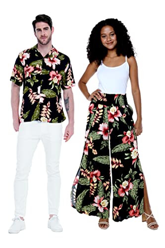 Matchable Couple Hawaiian Luau Shirt or Wide Legged Pants in Rafelsia Black