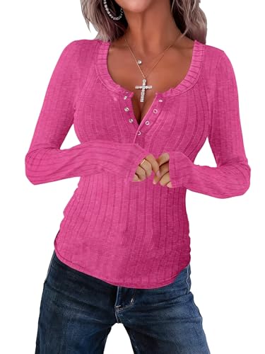 Image of APOFER Women's Long Sleeve Tunics Lightweight Ribbed Knit Blouse Scoop Neck Tops Snap Button Slim Fit Casual Henley Shirt