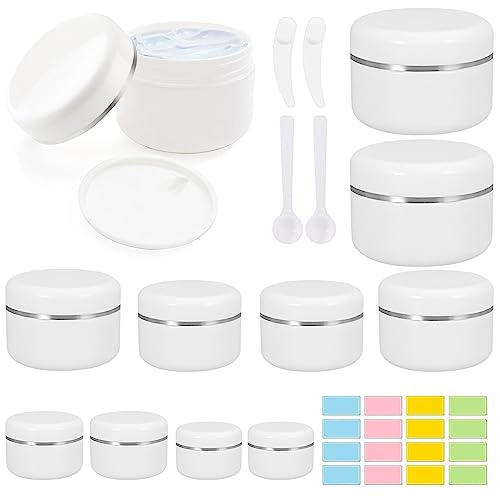 10 Pcs Cosmetic Sample Jars 10/20/30/50/100ml Plastic Refillable Travel Pots for Toiletries Empty Cosmetic Container Pots with Mini Spatulas Spoon and Labels for Makeup Beauty Nails