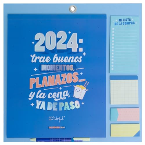 Mr.Wonderful Calendario de pared magnético 2024, azul, Trae buenos momentos, planazos… y la cena, ya de paso, 34 x 35 x 0,5