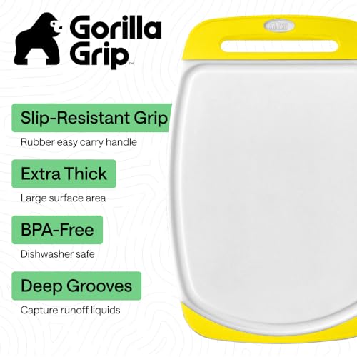 Image of GORILLA GRIP BPA-Free Reversible Kitchen Cutting Board Set of 3, US Designed, Nonporous, Juice Grooves Catch Liquid, Slip Resistant Border, Dishwasher Safe, Durable Large Food Chopping Boards, Yellow