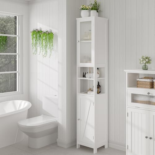 Slim White Bathroom Storage Cabinet with Light and 2 Doors