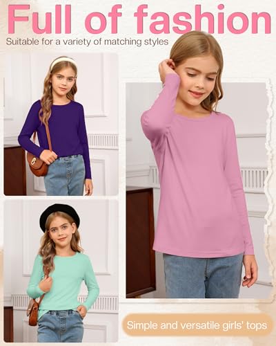 Image of 5 Pack Girls' Long Sleeve Shirts Kids Soft Crewneck Casual Loose Fit Layering Tops Basic Athletic Pullover Tee