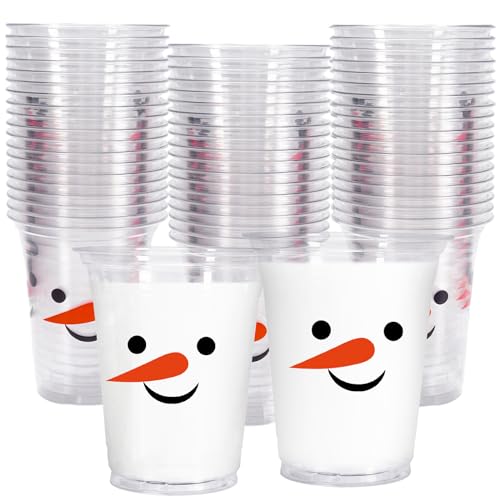 Whaline 50Pcs 12oz Christmas Snowman Disposable Cups Snowman Plastic Party Cups Black Orange Clear Plastic Glasses for Xmas Winter Holiday Drinks Party Supplies