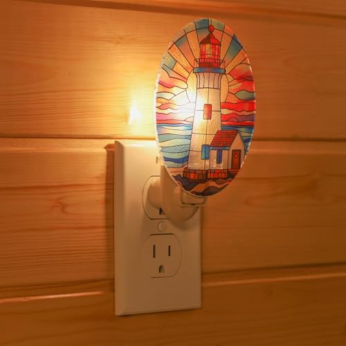 Image of Lighthouse Stained Glass Styled Night Light Plug in - Made with Real Glass, Bulb Included, On /Off Switch - Nautical Beach Theme Bathroom, or Beach House Accent Light Dawn Red Blue