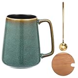 KEGAJEGA Teetasse mit Deckel Löffel 700ml Jumbotasse Kaffeetasse Groß Keramik Glatte Kanten Praktisch Schön Teetasse Gross für heißen Tee Kaffee Latte Milch Saft andere Getränke