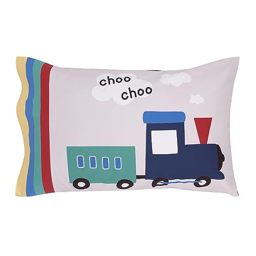Image of Everything Kids Choo Choo Train Gray, Blue, Red, and Yellow All Aboard 4 Piece Toddler Bed Set - Comforter, Fitted Bottom Sheet, Flat Top Sheet, Reversible Pillowcase