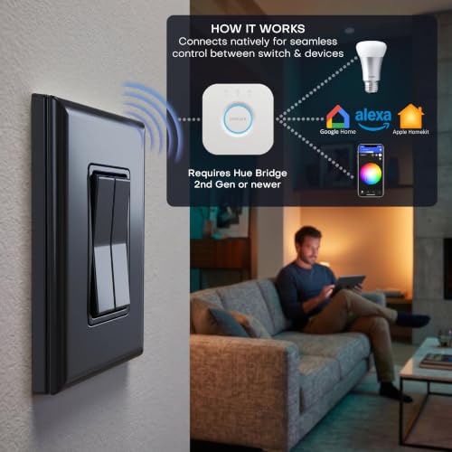 Image of RunLessWire Click for Hue Battery-Free Wireless Smart Switch 2 Pack Black | Dimmable Kinetic Switch Pairs Natively to Philips Hue Bridge, 4 Programmable Buttons to Control Scenes & Areas, 100ft Range