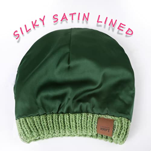 Winter Knitted Satin Lined Hats For Women Slouchy Cable Beanie Silky Soft Washed Warm Hat Green #TOP4