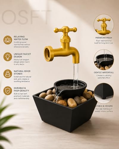 Image of Floating LED Water Tap Fountain - Magic Illusion Tabletop Waterfall with Flowing LED Light & Decorative Stones | Indoor Home Decor for Bedroom, Office, Living Room | Relaxing Gift Idea