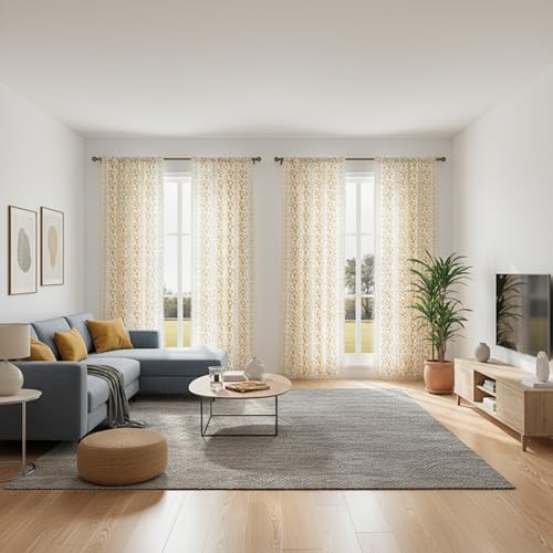 Image of Yellow Boho Curtains 72 Inch Long for Living Room, Bedroom, 2 Panels Floral Farmhouse Vintage Tassel Semi Sheer Light Filtering Privacy Window Curtains Drapes with Rod Pocket