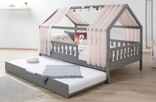 TiCAA Hausbett mit Tüll Kim 90x200 cm, 100x200 cm, 120x200 cm, 140x200 für Jungen & Mädchen, inkl. Rolllattenrost, Zusatzbett und Rausfallschutz variabel, Hellgrau aus Kiefer Massivholz