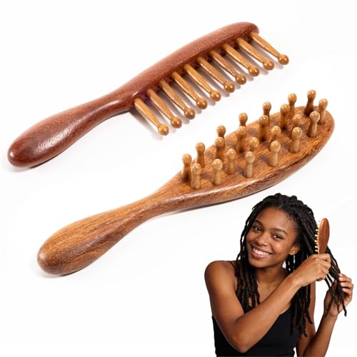 SIMPOR 2 Pack Loc Brush for Dreads Natural Wooden Wide Tooth Comb for Microlocs and Interlocking Gua Sha Scalp Massager Tool for Head Relaxation and Circulation Detangling Hair Care