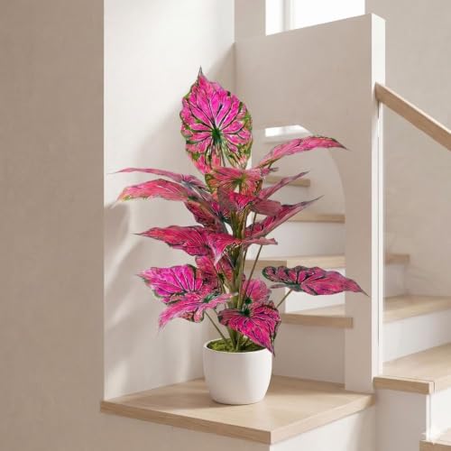 Image of Dekorly Fake Plants Artificial Floor Plants Large Tropical Palm Tree Tall Monstera in Pot for Indoor Outdoor Home. (Dark Veins Pink Caladium | White Pot, Pack of One)