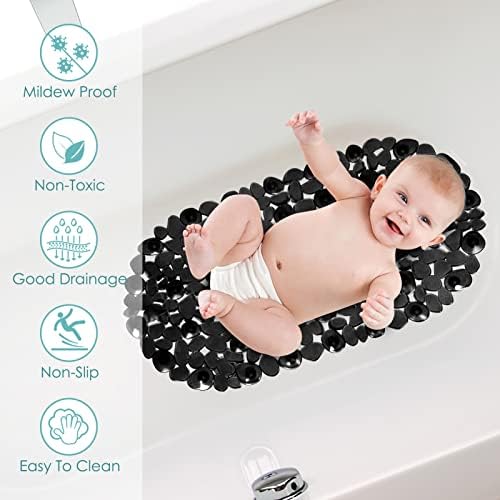 KingSaid Shower Mats Anti-Mould Anti Slip Bath Mats Frosted Pebble PVC Oval Bathtub Mat with Drain Holes and Strong Suction Cups Grip 67x 35cm for Bathroom Hotel Pet Shower (Black)