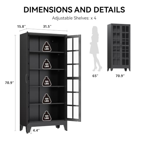Image of COFaR 71 inch Tall Metal Storage Cabinet with Glass Doors and Shelves, Black | 71-inch metal pantry cabinet with 5-tier storage, 4 adjustable shelves, square-grid glass doors, and black handles