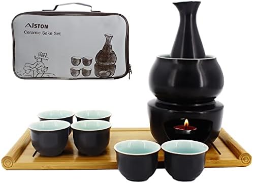 Ceramic Sake Set with Warmer Pot+Cup Holder Bamboo Tray,Stovetop Porcelain Pottery Saki Bottle for hot drinks,a Stove/Warming Bowl/Sake Bottle/Tray/ 6 Cups-10pcs Set (Black)