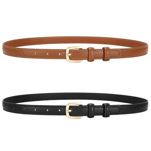 2 Pack Women Thin Leather Belt for Dresses Fashion Ladies Skinny Waist Belt for Jeans Pants