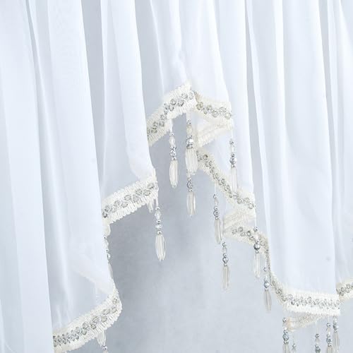 Lelehome ASCOTVALANCE Sheer Voile Ascot Curtain Valance 3 Panels With Beaded Tassel Rod Pocket Drapes Window Treatment thumb #1