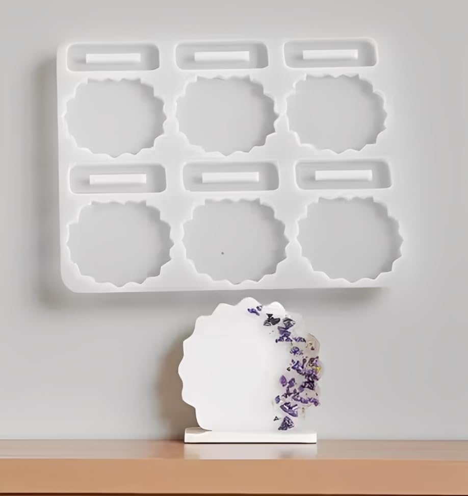 Puno 6 Cavity Silicone Resin Photo Frame Mold with Stand, Scalloped Edge Design for DIY Craft, Car Dashboard Decoration, Office Table Decor, Reusable Epoxy Casting Mold-image-38