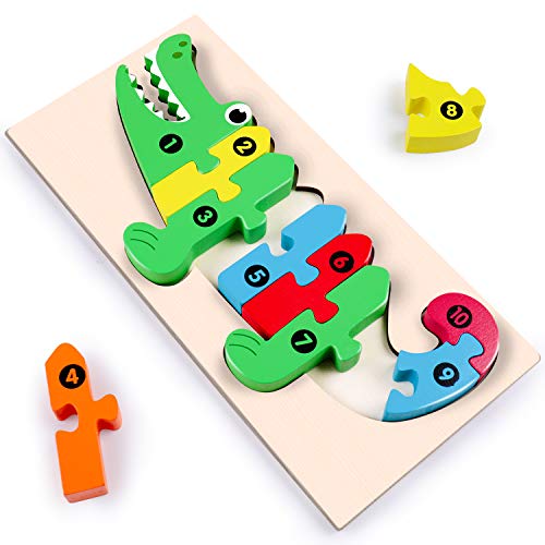 Rolimate Rompecabezas Puzzle de Madera Bloques de Construcción Rompecabezas de Animales, Aprendizaje de Juguetes Montessori Educativos Números de Madera Juguetes para 3 4 5+ años niños-Cocodrilo