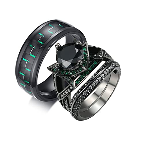 Bague couple acier inoxydable et anneaux fibre de carbone verte gothique KnSam fantaisie