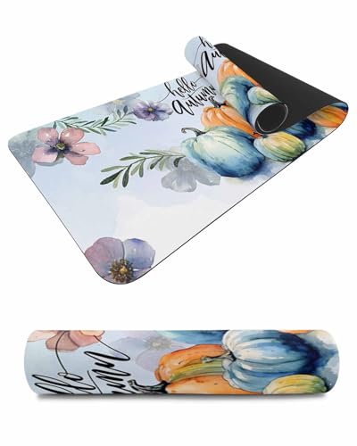 Debedcor Heat Proof Table Pads Waterproof Decorative, Orange Blue Pumpkins Non-Slip Table Countertop Protector, Thanksgiving Fall Botanical Insulation Mat for Dining Room, 48 x 12 Inches