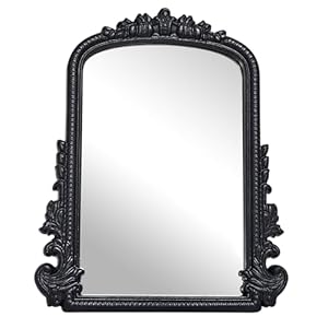 Vintage Vanity Makeup Mirror, Black Arched Tabletop Mirror for Makeup and Room Decor, Antique Decorative Standing Mirror with Carved Frame, Desk Mirror for Bedroom, Living Room, Dresser 11.8″x9.6″
