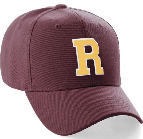 Classic Baseball Hat Custom A to Z Initial Team Letter, Burgundy Cap White Gold Letter R