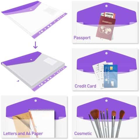 16 Pack Expandable Punched Pockets A4 Plastic Envelope Wallets Document Files Popper, A4 Binders Folders Transparent Label Pocket with Snap Fastener for Home, Office and School,11 Holes, 8 Colors