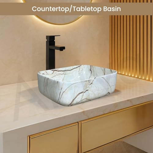 Image of Artiva Ceramic Wash Basin /Tabletop Washbasin For Bathroom,12 inchx16 inch /Small Countetop Bathroom Basin /Table Top Basin For Home,Office,Hotel /Rectangle Glossy Sink (Marmi Beige,12x16 Inch)