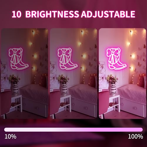 Image of Cowboy Boot With Pink Bow Neon Sign Cowgirl Boot Led Sign Dimmable Cowgirl Western Wall Decor Coquette Bows Pink Room Decor Aesthetic Birthday Party Gifts
