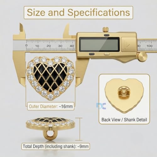 Image of Pack of 6 Buttons Diameter 16 mm,(26L) for Sewing and Art and Craft Round Buttons with 4 Holes| (Heart with Rhinestone)