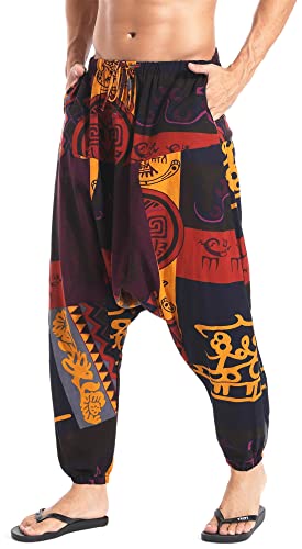 AITFINEISM Mens Womens Cotton Baggy Hippie Boho Gypsy Aladdin Yoga Harem Pants (L(Waist 34''), Orange)