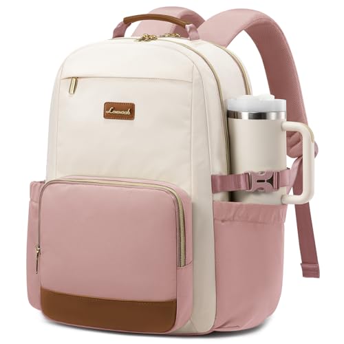 Image of LOVEVOOK Laptop Backpack for Women with Pouch Pocket for Large Capacity Cup,18 Inch Teacher Nurse College Work Backpack Purse,Waterproof Laptop Bag Computer Back Pack for Travel, Beige-Pink-Brown