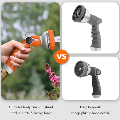 Image of RESTMO Hose Nozzle Heavy Duty, Metal Water Hose Sprayer for Garden | 9 Spray Patterns, High Pressure, Thumb Flow Control, On /Off Valve, Ideal for Outdoor Lawn & Plant, Car & Pet, Orange