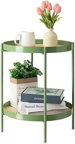 TeoKJ All Metal Side Table, 2 Tier Anti Rust End Table with Imitation Rattan Pattern on Removable Trays, Round Table for Living Room, Small Nightstand for Bedroom 20.47 Inch x 16.54 Inch Green Green 1
