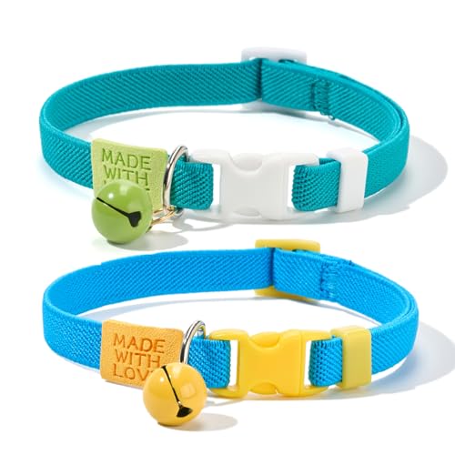 YUDOTE Elastic Cat Collar 2 Pack of Safety Quick Release Cat Collars with Bell Anti-Suffocation Kitten Puppy Collars(Green+Blue)