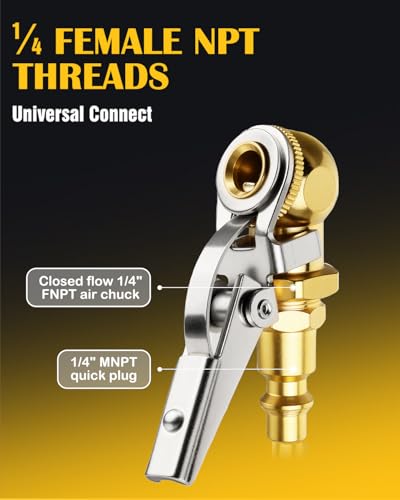 2-Pack Locking Air Chuck, 1/4" FNPT Closed Flow Clip On Air Chuck, Quick Connect, Pure Brass Tire Chucks