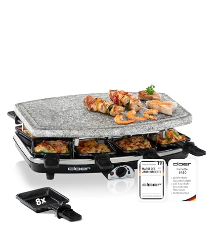 Cloer 6430 Raclette-Grill mit Naturstein, 1200 Watt, 8 Pfännchen antihaftbeschichtet mit wärmeisolierten Griffen, Ganze Platte