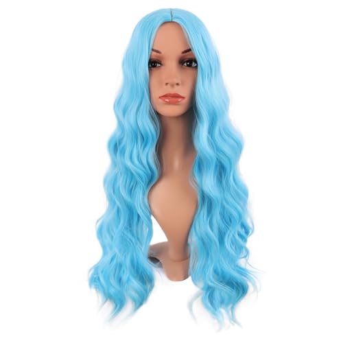 Image of MapofBeauty 28 Inch /70 cm Long Wavy Middle Part with No Bangs Synthetic Fiber Curly Fashion Women Party Cosplay Wig (Sky Blue)