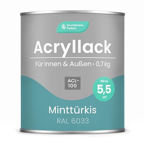 GRUNDMANN Acryllack - 0,7 kg Buntlack Türkis - Halb Matt - Acrylfarbe, Holzfarbe, Holzanstrich, Metallfarbe - 2in1 Lackfarbe für Holz, Metall, Plastik, Kunststoff & Beton - RAL 6033 Minttürkis