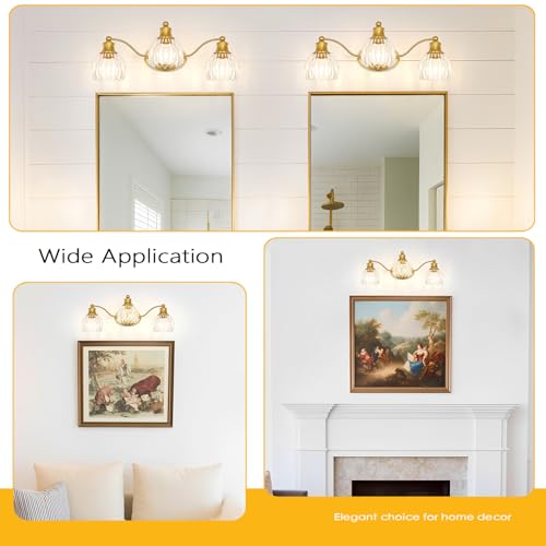 Image of Brushed Gold Bathroom Vanity Light Fixture Vintage Style - 3 Light E26 Bulb, 21.7 inch Wide Bathroom Lighting Over Mirror with Clear Glass Shades, Easy Mount Antique Brass Wall Sconce for Makeup Area