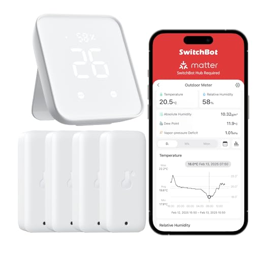 SwitchBot Termómetro higrómetro mate para interior y exterior, 4 unidades, con Hub2, IP65, resistente al agua, temperatura y sensor de humedad, compatible con Apple Home, Alexa, GoogleHome, IFTTT